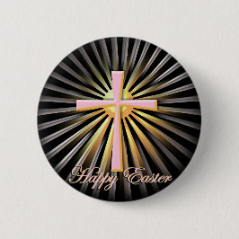 Lichtstralen van het religieuze kruis (op zwart) ronde button 5,7 cm