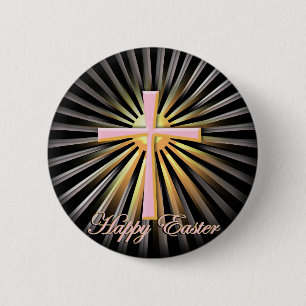 Lichtstralen van het religieuze kruis (op zwart) ronde button 5,7 cm