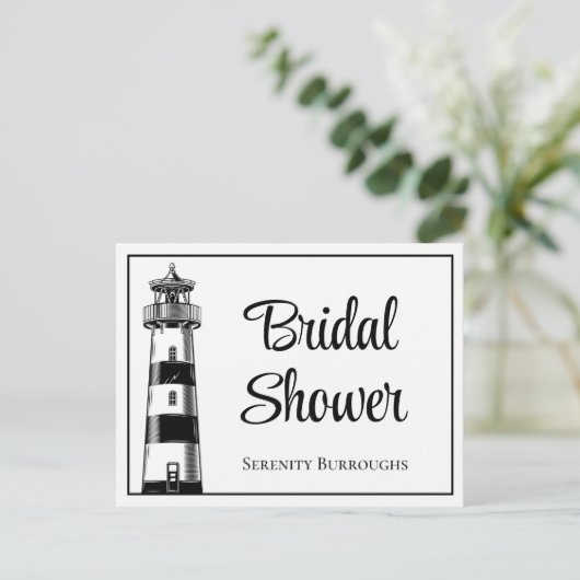 Lichtvuurtoren zwart wit, zwart Vrijgezellenfeest Uitnodiging Briefkaart (Staand voorkant)