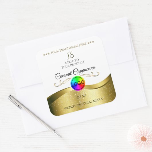 Lichtwit Wavy Gold Logo-monogram Productlabel Vierkante Sticker (Envelop)