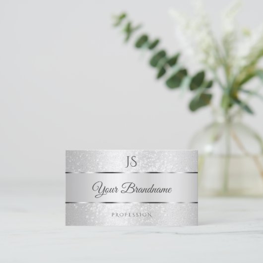 Lichtzilveren Sparkle Soft Glitter en Initialen Visitekaartje (Staand voorkant)