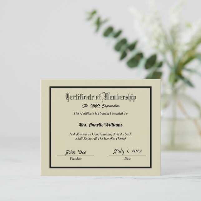 Lidmaatschapscertificaat (Staand voorkant)