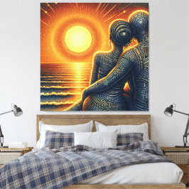 Liebespaar bei Sonnen Untergang am Meer Canvas Afdruk