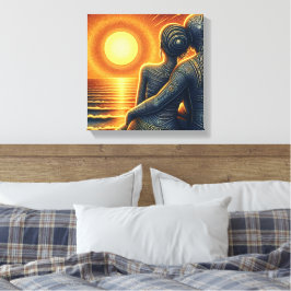 Liebespaar bei Sonnen Untergang am Meer Canvas Afdruk