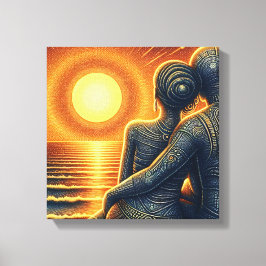 Liebespaar bei Sonnen Untergang am Meer Canvas Afdruk