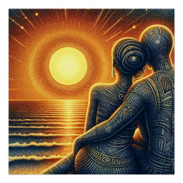 Liebespaar bei Sonnen Untergang am Meer Perfect Poster