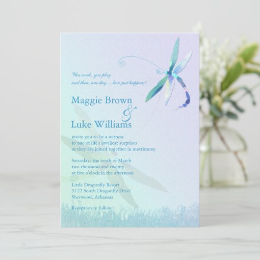 Liedje van Dragonfly Whimsical Blue Wedding Kaart (Staand voorkant)