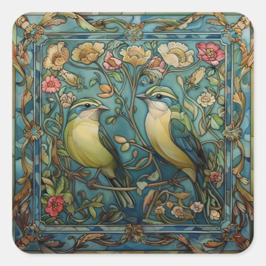 Liedvogels in liefde Art Nouveau Vierkante Sticker (Voorkant)