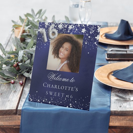 Lief 16 blauwe zilveren sterren foto party welkom reclamebord met voetstuk