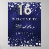 Lief 16 blauwe zilveren sterren welkomstfeest poster (Voorkant)