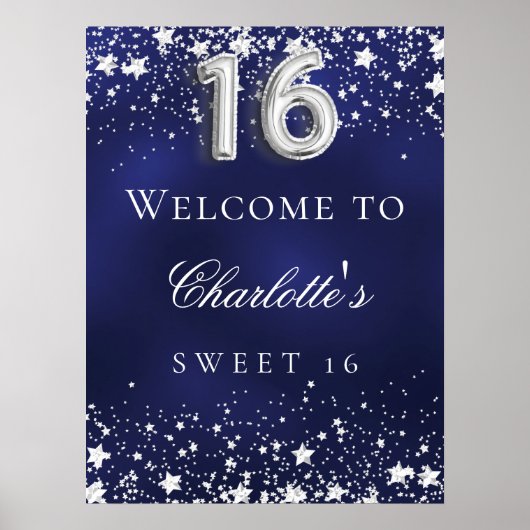 Lief 16 blauwe zilveren sterren welkomstfeest poster (Voorkant)