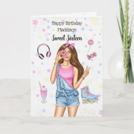 Lief 16 Brunette Roller Meisje Gelukkige Verjaarda Feestdagen Kaart