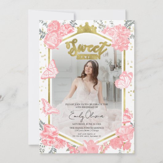 Lief 16 foto uitnodiging vlinder roze bloemen (Voorkant)