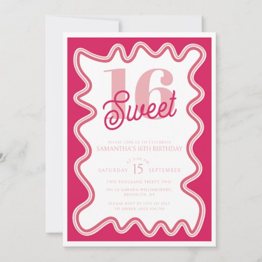 Lief 16 Levendig Roze Retro Wavy Zestiende Kaart (Voorkant)