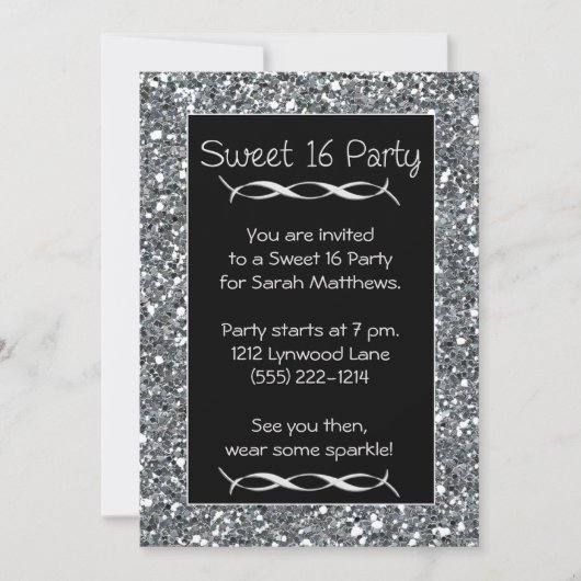 Lief 16 Party Uitnodiging Zilveren Sparkle Look (Voorkant)