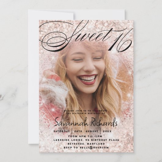 Lief 16 Roos Goud Glitter Fotofeest Kaart (Voorkant)