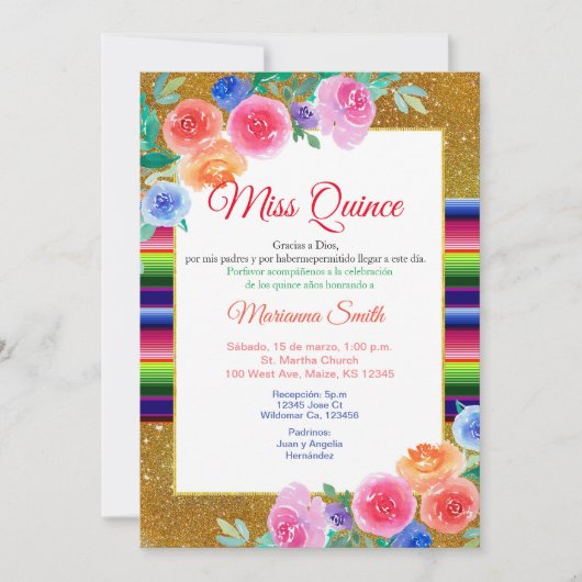 Lief 16 Roze Bloemen Mexicaans Miss Quince Invite Kaart (Voorkant)