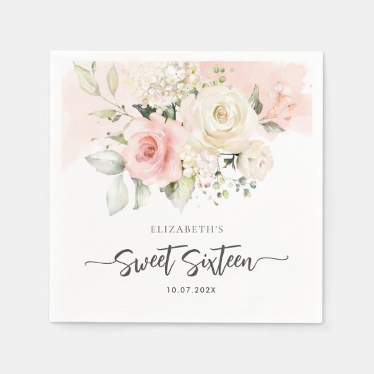 Lief 16 Roze Bloemen Verjaardagsfeestpapier Servet (Voorkant)