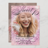 Lief 16 Roze & Paarse Glitter Fotofeestje Kaart (Voorkant / Achterkant)