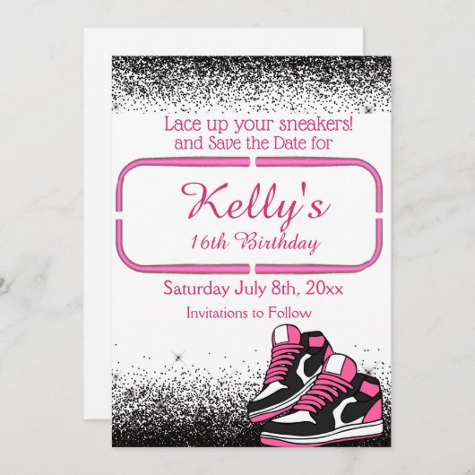 Lief 16 Sneaker Verjaardag, Glitter Save The Date (Voorkant / Achterkant)