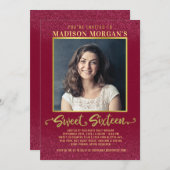 Lief 16 Verjaardag Bourgogne Rood Goud Glitter Fot Kaart (Voorkant / Achterkant)