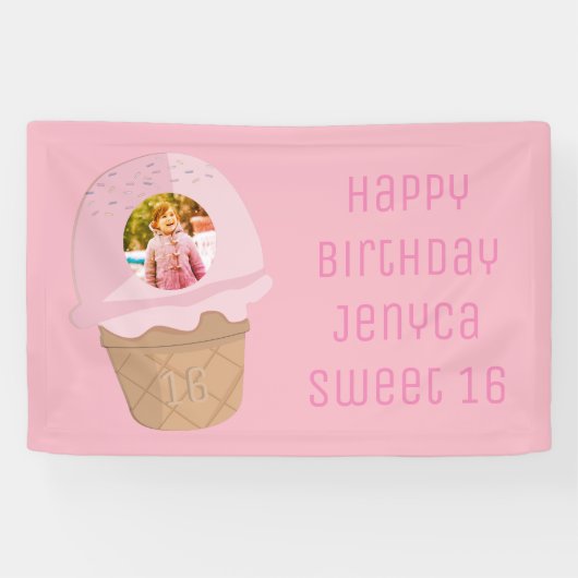 Lief 16 Verjaardag Foto Roze IJsfeest Spandoek (Horizontaal)