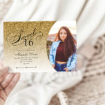 Lief 16 Verjaardag Goud Glitter Glam Foto Kaart<br><div class="desc">Deze trendy uitnodiging voor een glitterverjaardagsfeestje heeft een elegante typografische kop en uw favoriete foto. Voeg uw aangepaste tekst toe met behulp van het sjabloon formulier. Extra opties voor tekst en lay-out zijn beschikbaar als u ervoor kiest om verder aan te passen.</div>