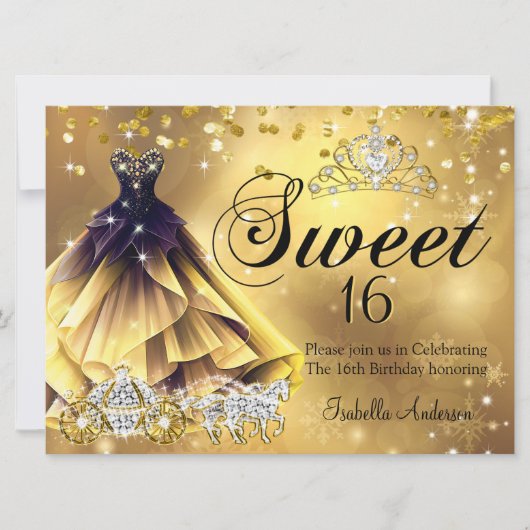 Lief 16 Verjaardag Gouden Jurk Tiara Carriage Kaart (Voorkant)