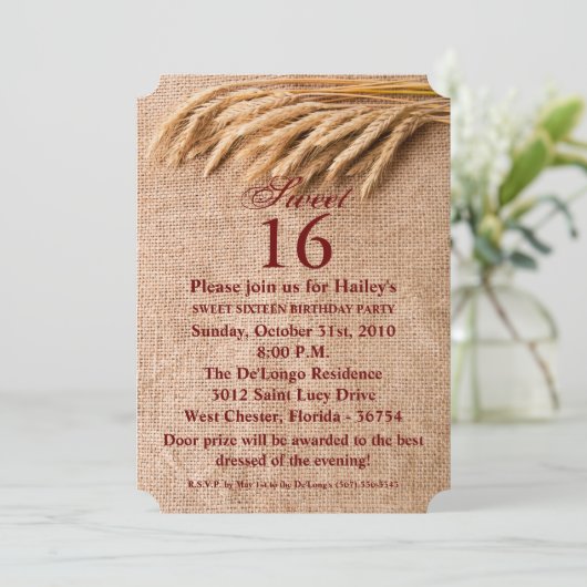 Lief 16 Verjaardag Invite Tarwe op Burlap Sack Cou Kaart (Staand voorkant)