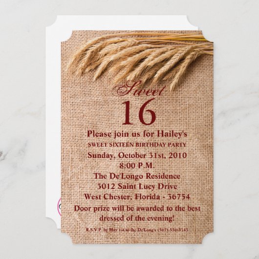 Lief 16 Verjaardag Invite Tarwe op Burlap Sack Cou Kaart (Voorkant / Achterkant)