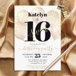 Lief 16 Verjaardag Meisje Glam Gouden Ballonnen, S Kaart<br><div class="desc">"Happy Sweet 16". Stuur deze prachtige, eenvoudige, feestelijke, moderne, gepersonaliseerde feestuitnodiging voor een evenement om te onthouden. Vet, grafisch, zwart typografie en handgeschreven script overlay gouden ballonnen en gouden sprankelende string lichten op een verfijnde, witte achtergrond. Personaliseer de aangepaste tekst met de naam van uw dochter en andere partijdetails. Verander...</div>