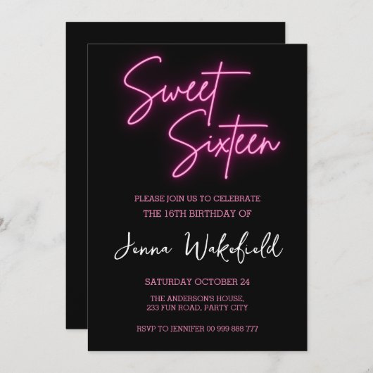 Lief 16 Verjaardag Meisje Party Neon Kaart (Voorkant / Achterkant)