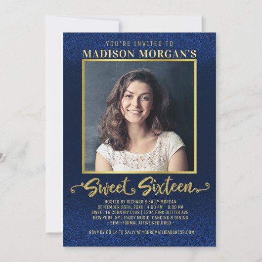 Lief 16 Verjaardag Navy Blauw Goud Glitter Foto Kaart (Voorkant)