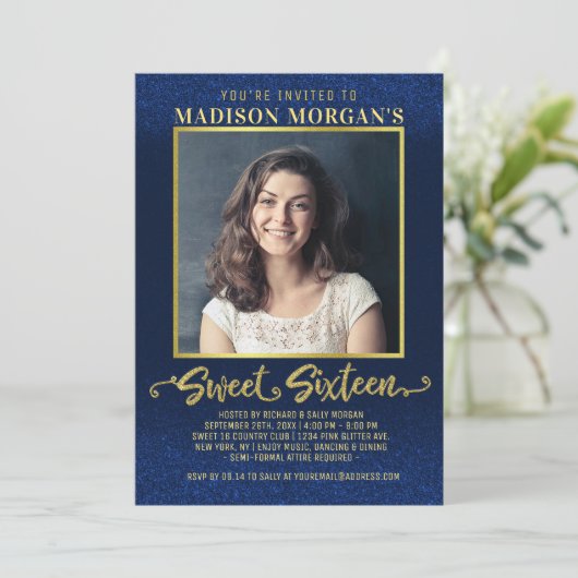 Lief 16 Verjaardag Navy Blauw Goud Glitter Foto Kaart (Staand voorkant)