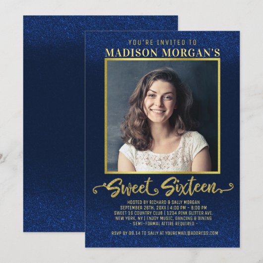 Lief 16 Verjaardag Navy Blauw Goud Glitter Foto Kaart (Voorkant / Achterkant)