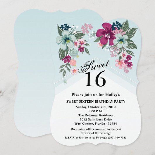 Lief 16 Verjaardag Nodig Tropische Bloem op Blauw  Kaart (Voorkant / Achterkant)