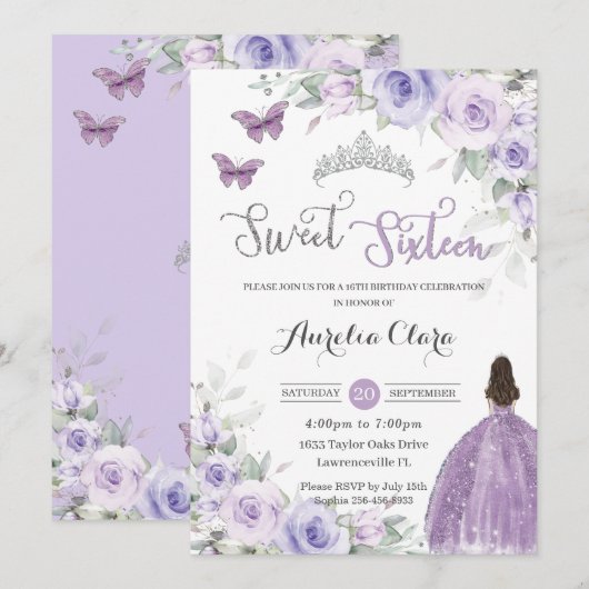 Lief 16 Verjaardag Paarse Bloemen Jurk Prinses Kaart (Voorkant / Achterkant)