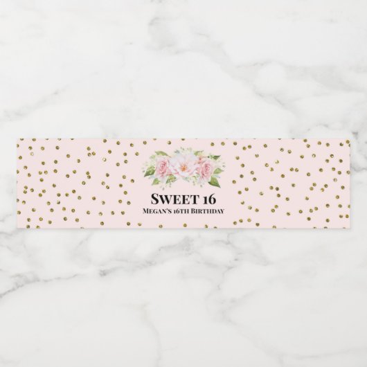 Lief 16 Verjaardag Roze Goud Bloemen Waterfles Etiket (Enkel label)