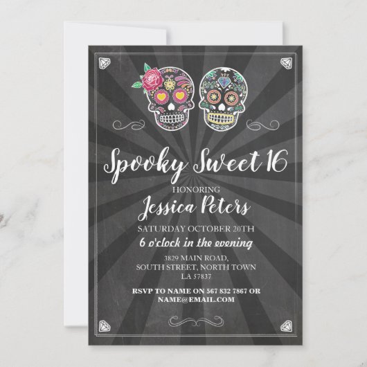Lief 16 Verjaardag Suiker Schedel Halloween Invite Kaart (Voorkant)