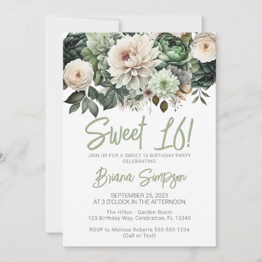 Lief 16 Verjaardagsfeest Salie Groene Bloemen Kaart (Voorkant)