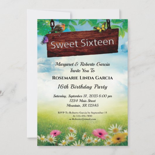 Lief 16 Verjaardagsfeestje Bloemen Vlinders Aangep Kaart (Voorkant)