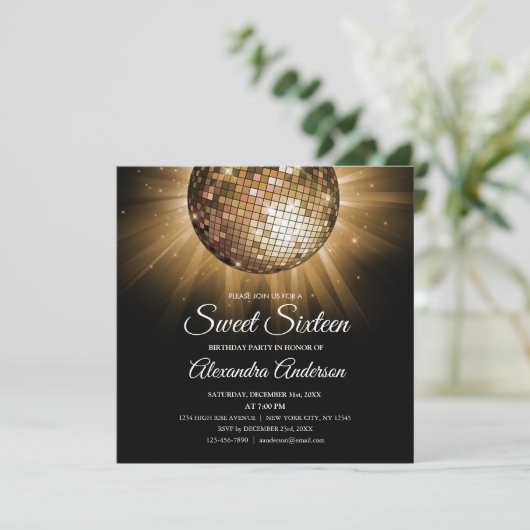 Lief 16 Verjaardagsfeestje Gouden Disco Bal Kaart (Staand voorkant)