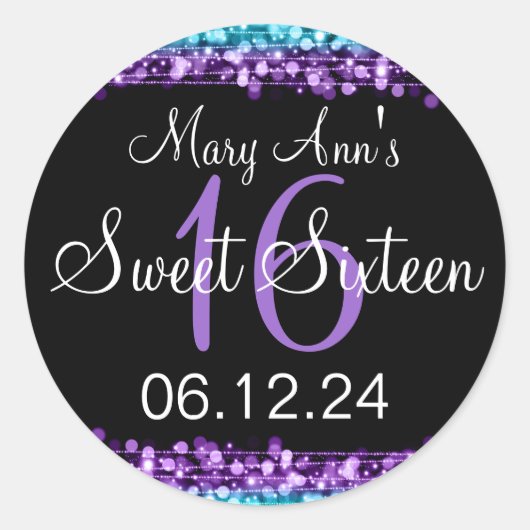 Lief 16 Verjaardagsfeestje Paarse Turquoise Lights Ronde Sticker (Voorkant)