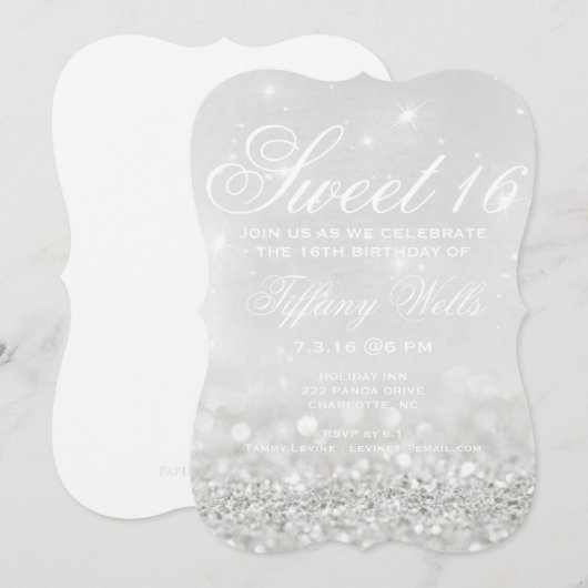 Lief 16 Verjaardagsfeestje Uitnodigen | Silver Gli Kaart (Voorkant / Achterkant)