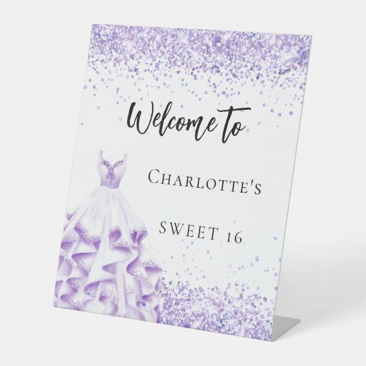 Lief 16 violette witte jurk welkomstfeest reclamebord met voetstuk (Voorkant)
