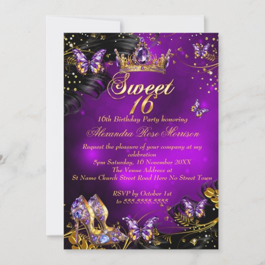 Lief 16e verjaardag paarse gouden zwarte vlinder kaart (Voorkant)