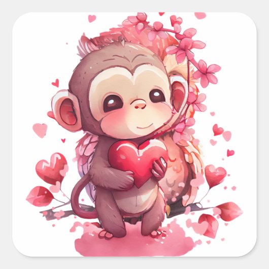 Lief Aapje Hartjes Valentijn Vierkante Sticker (Voorkant)