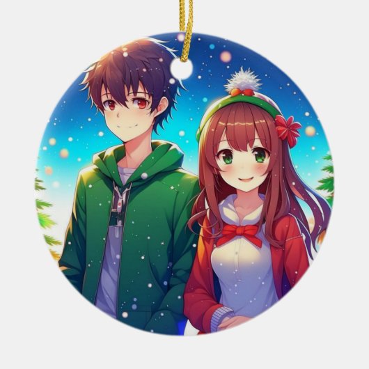 Lief Anime Koppel Kerstmis Keramisch Ornament (Voorkant)