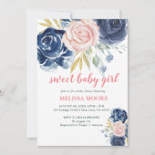 Lief baby meisje bloemenmarineblauw roze baby show kaart (Voorkant)