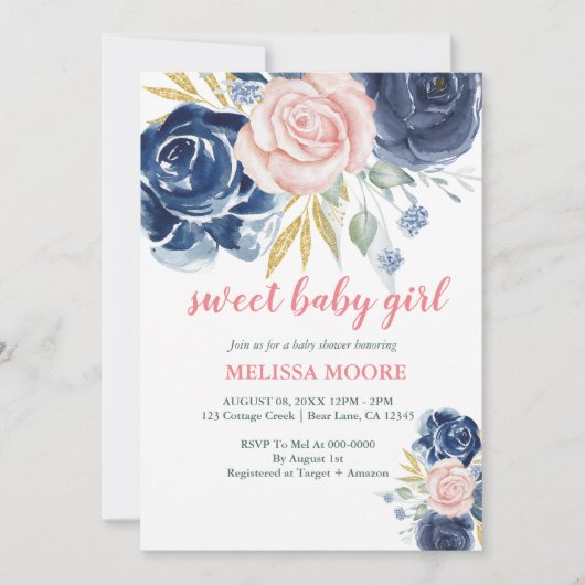 Lief baby meisje bloemenmarineblauw roze baby show kaart (Voorkant)